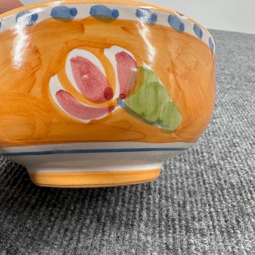 Solimene Cereal Bowl Unisex 5in Hand Painted Bird Floral Orange Vintage Casual